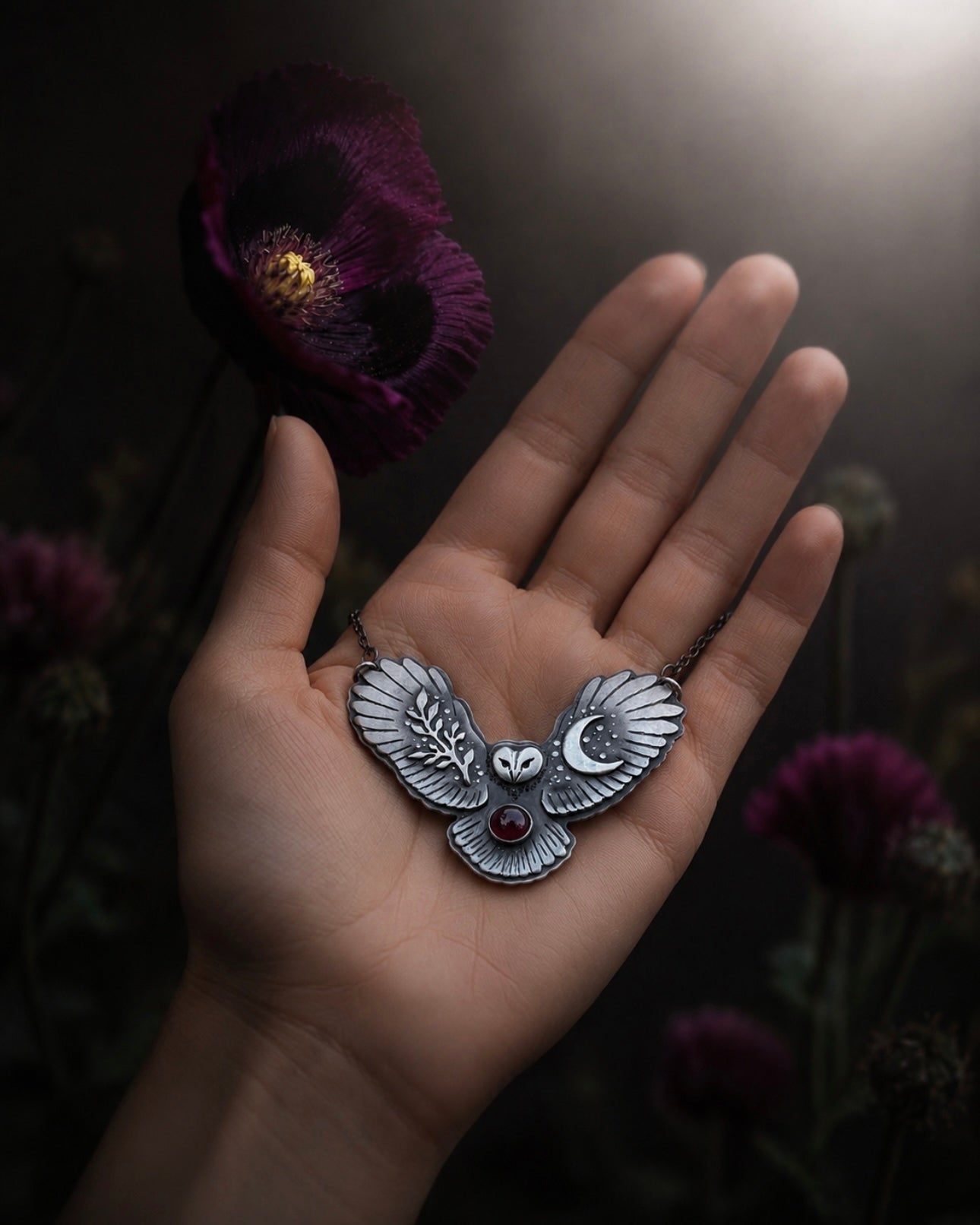 The Owlkeeper Necklace – Sterling Silver Barn Owl Pendant with Rhodolite Garnet