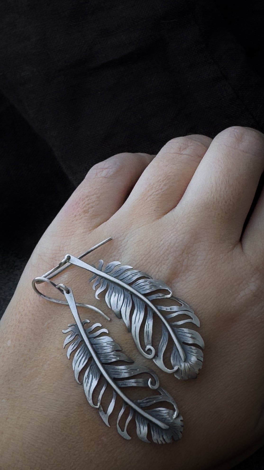 Handmade Silver Feather Earrings Spiritual Boho Jewelry with Matte Patinat