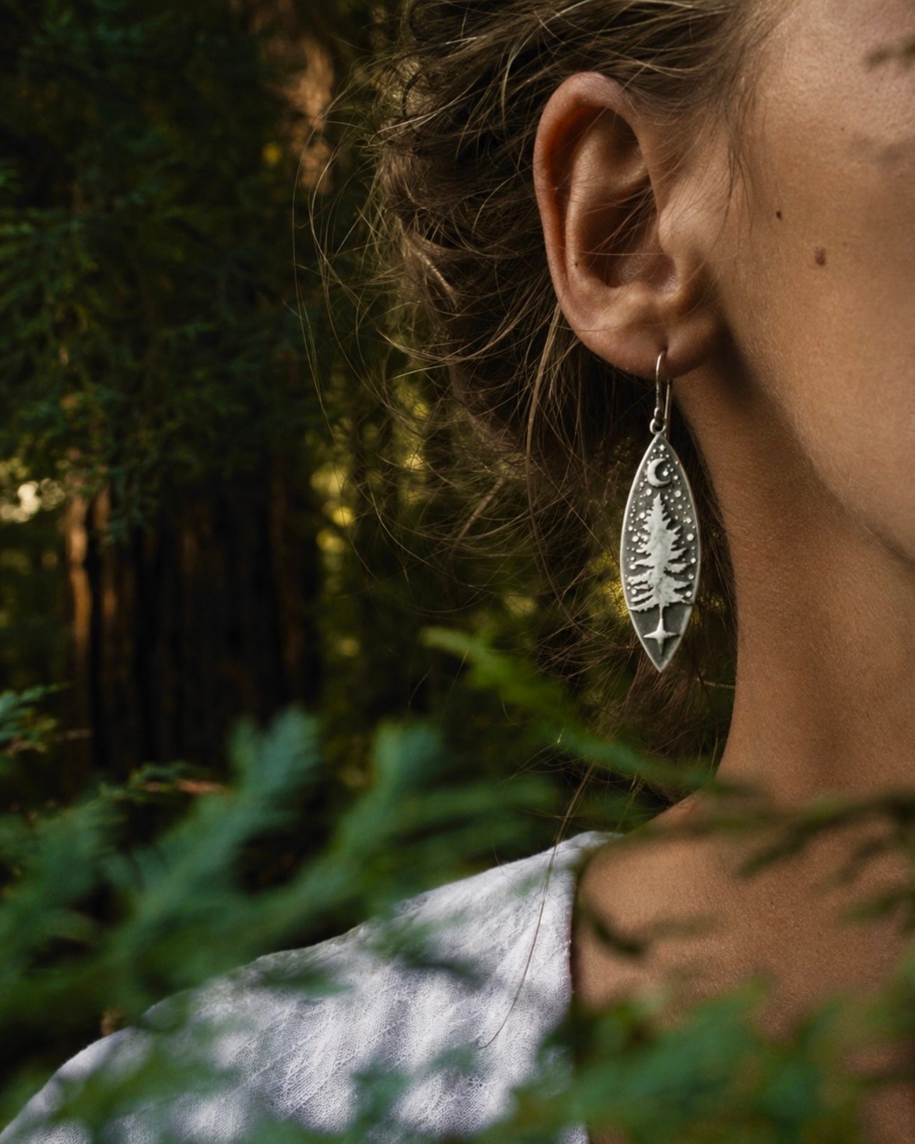 Forest Keeper Earrings – Handmade Sterling Silver Pine Tree & Moon Earrings