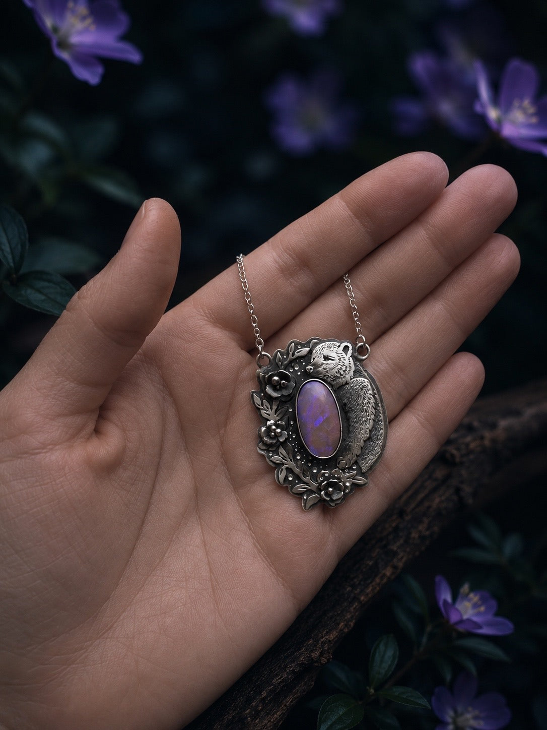 Australian Opal Bear Necklace, Handmade Sterling Silver Pendant, Woodland Animal Jewelry