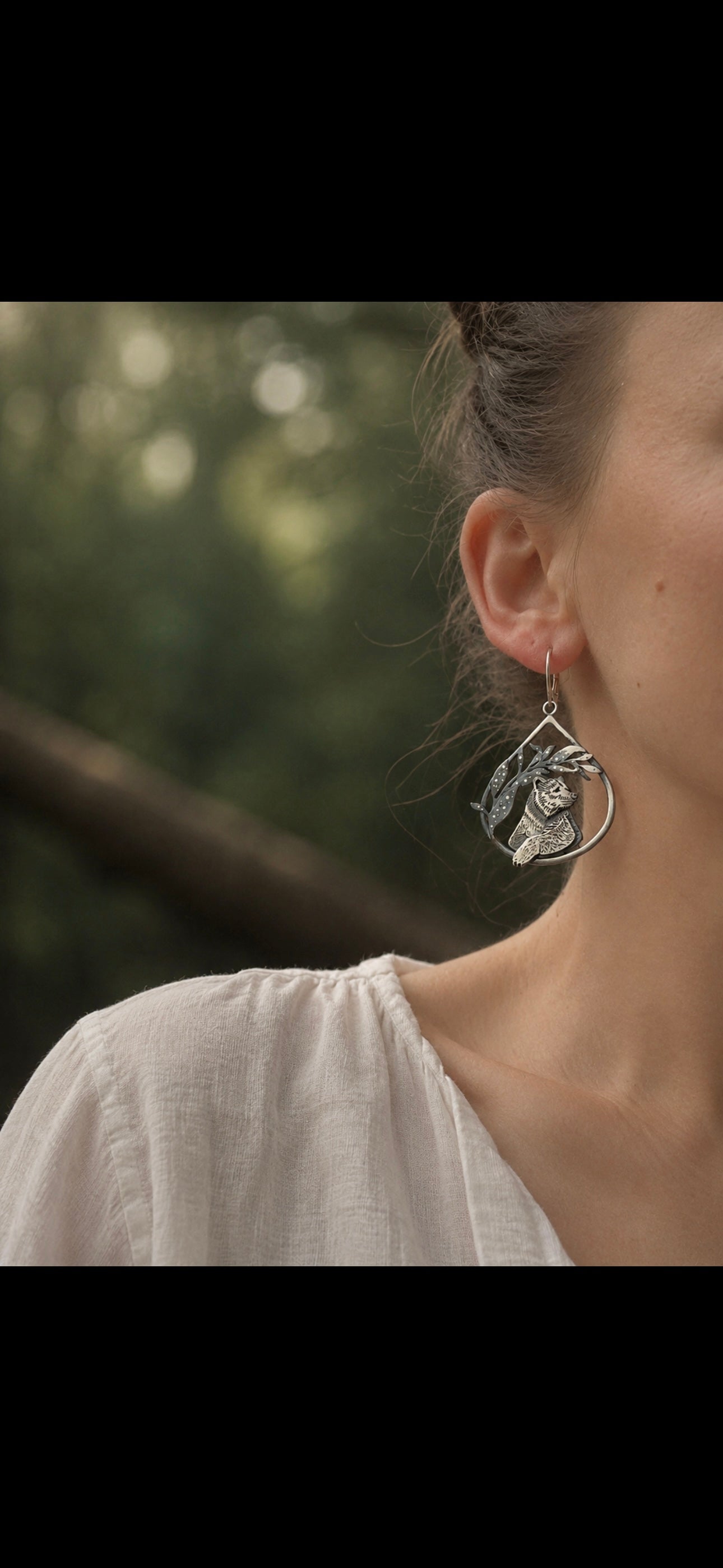 One of a Kind Bear Earrings, Asymmetrical Sterling Silver Earrings, Handmade Woodland Statement Jewelry