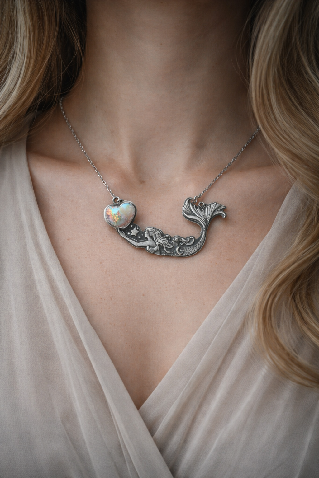 Mermaid Holding the Heart Necklace – Australian Pipe Opal in Sterling Silver