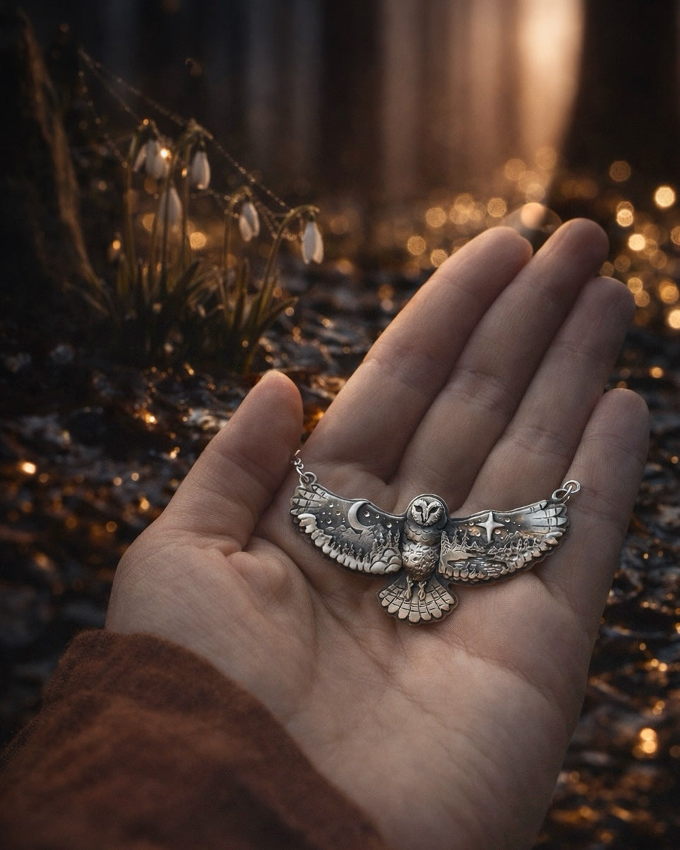 Moonlit Owl Landscape Necklace – Layered Sterling Silver Forest Pendant