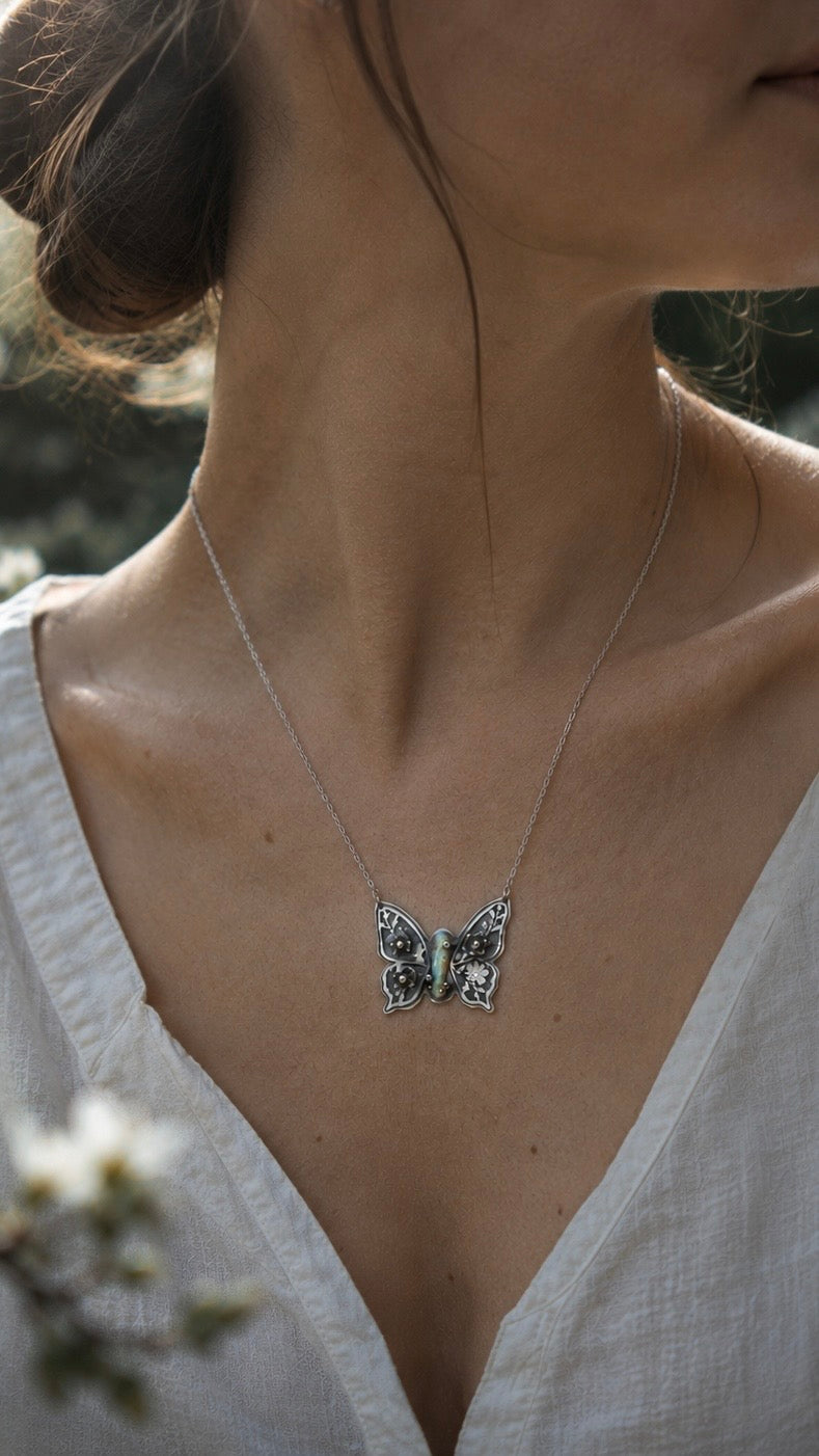Butterfly Opal Necklace | Handcrafted Sterling Silver Butterfly Pendant | Australian Opal Jewelry | Romantic Nature Inspired Gift