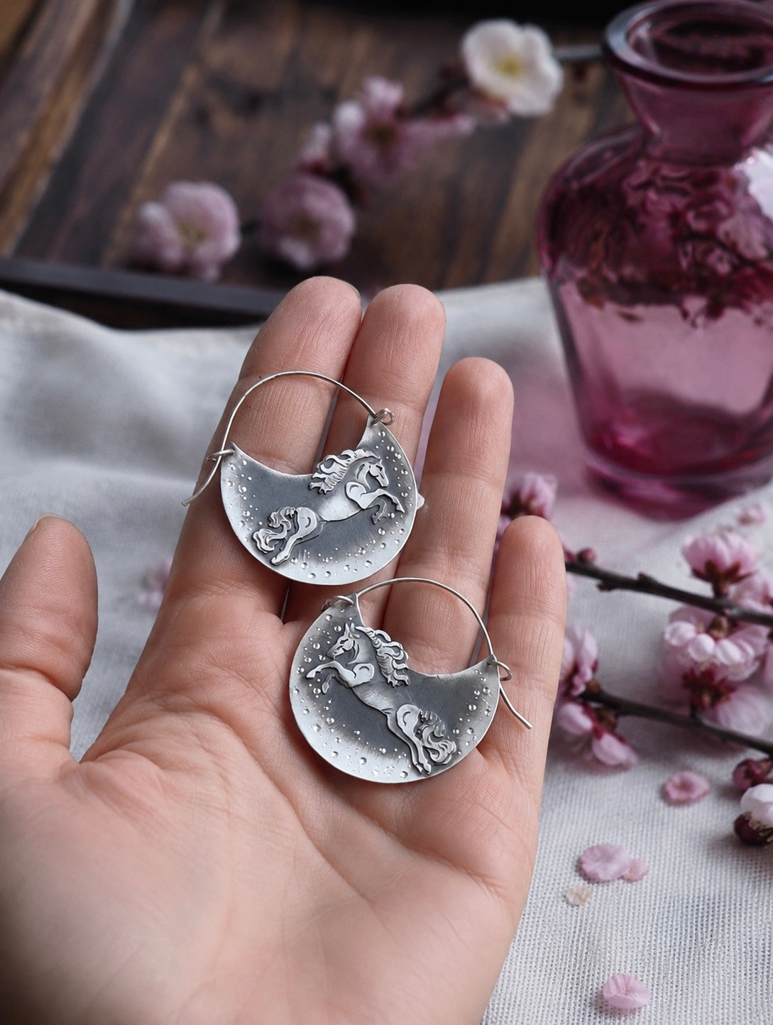 Basket Horse Earrings | Handmade Sterling Silver Horse Hoop Earrings