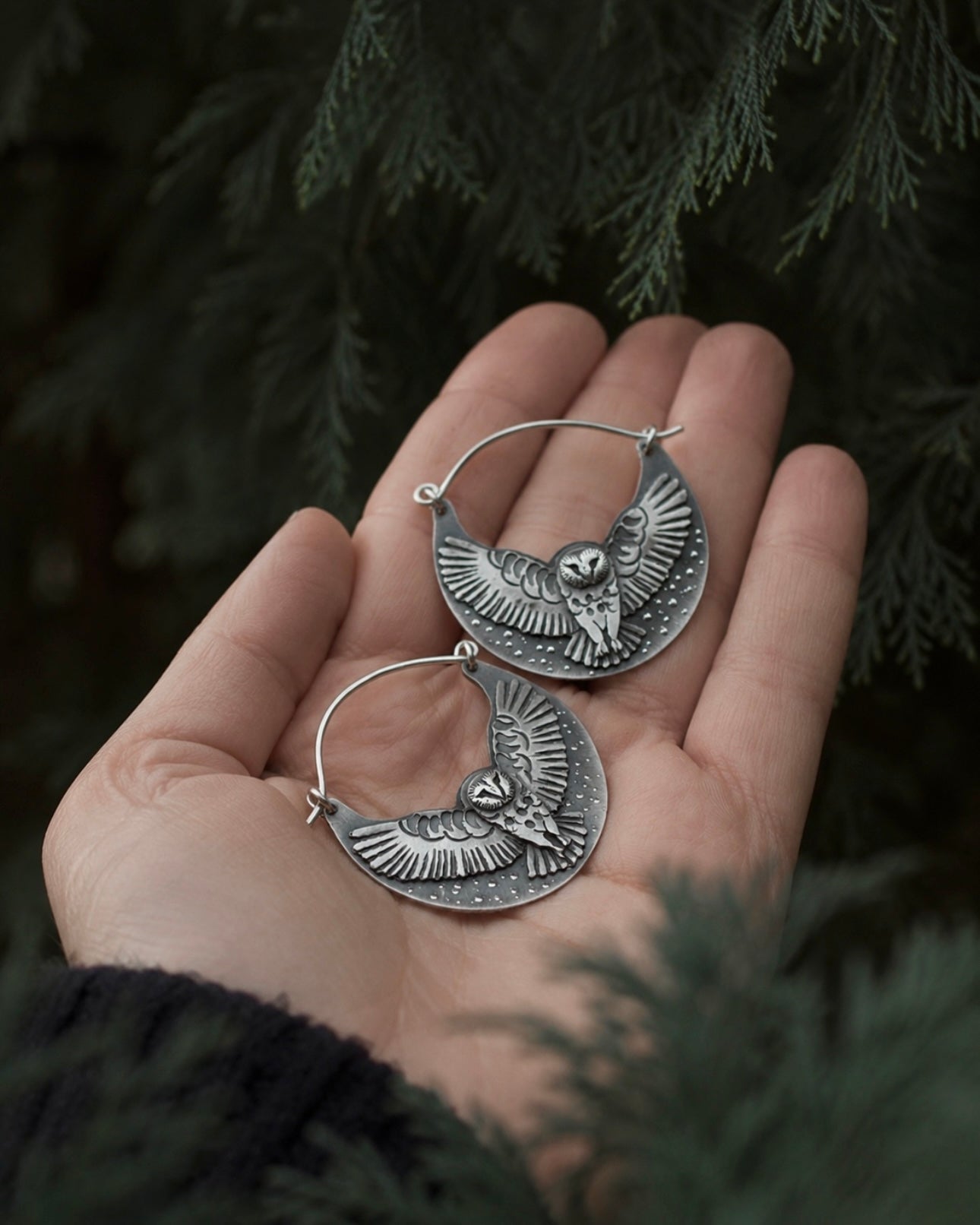 Basket Owl Earrings | Sterling Silver Hoop Earrings