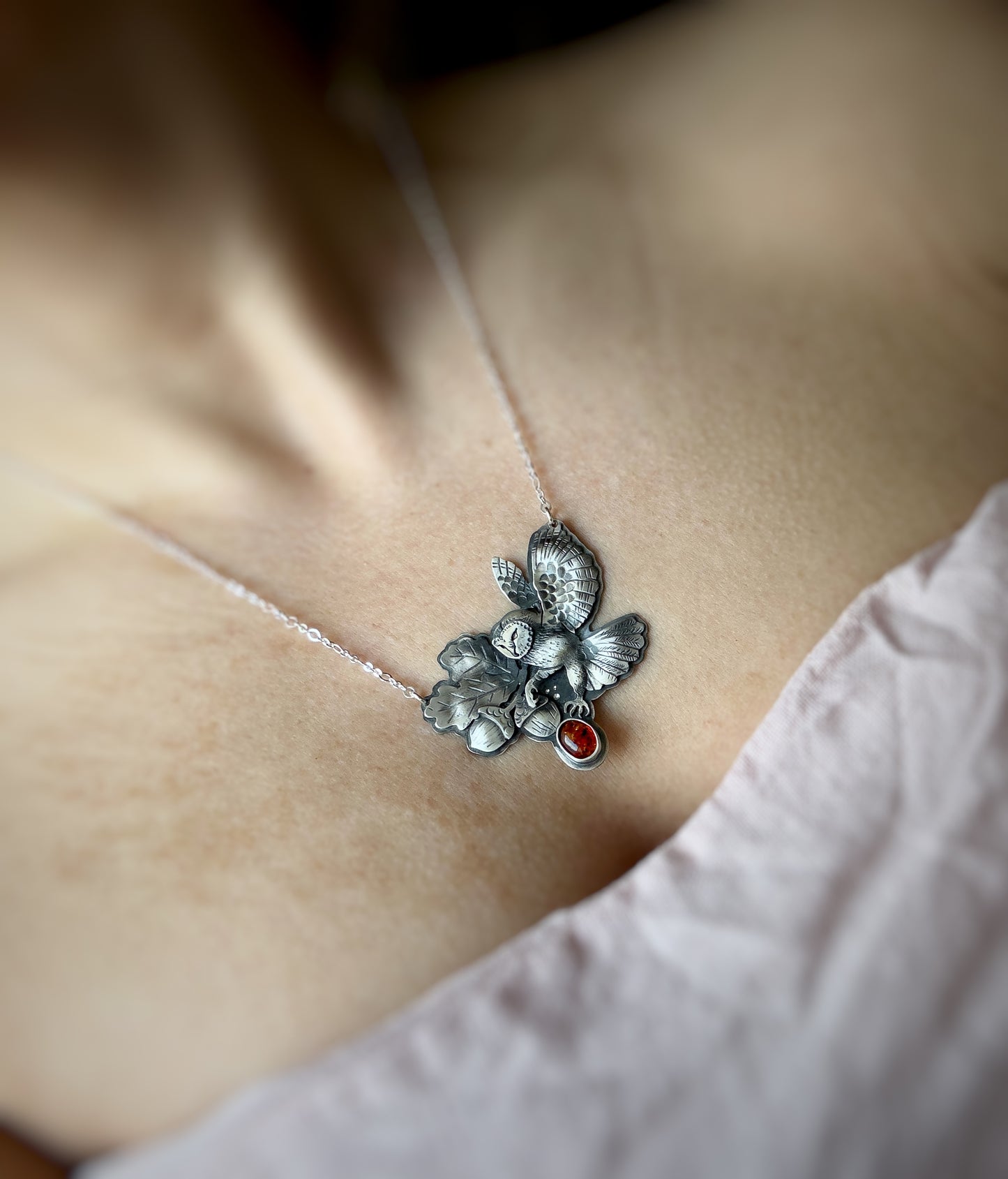 The Barn Owl & Acorn Necklace - Baltic Amber