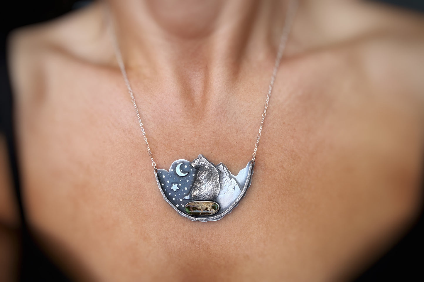 The Bear & Moon Necklace - Green Royston Turquoise