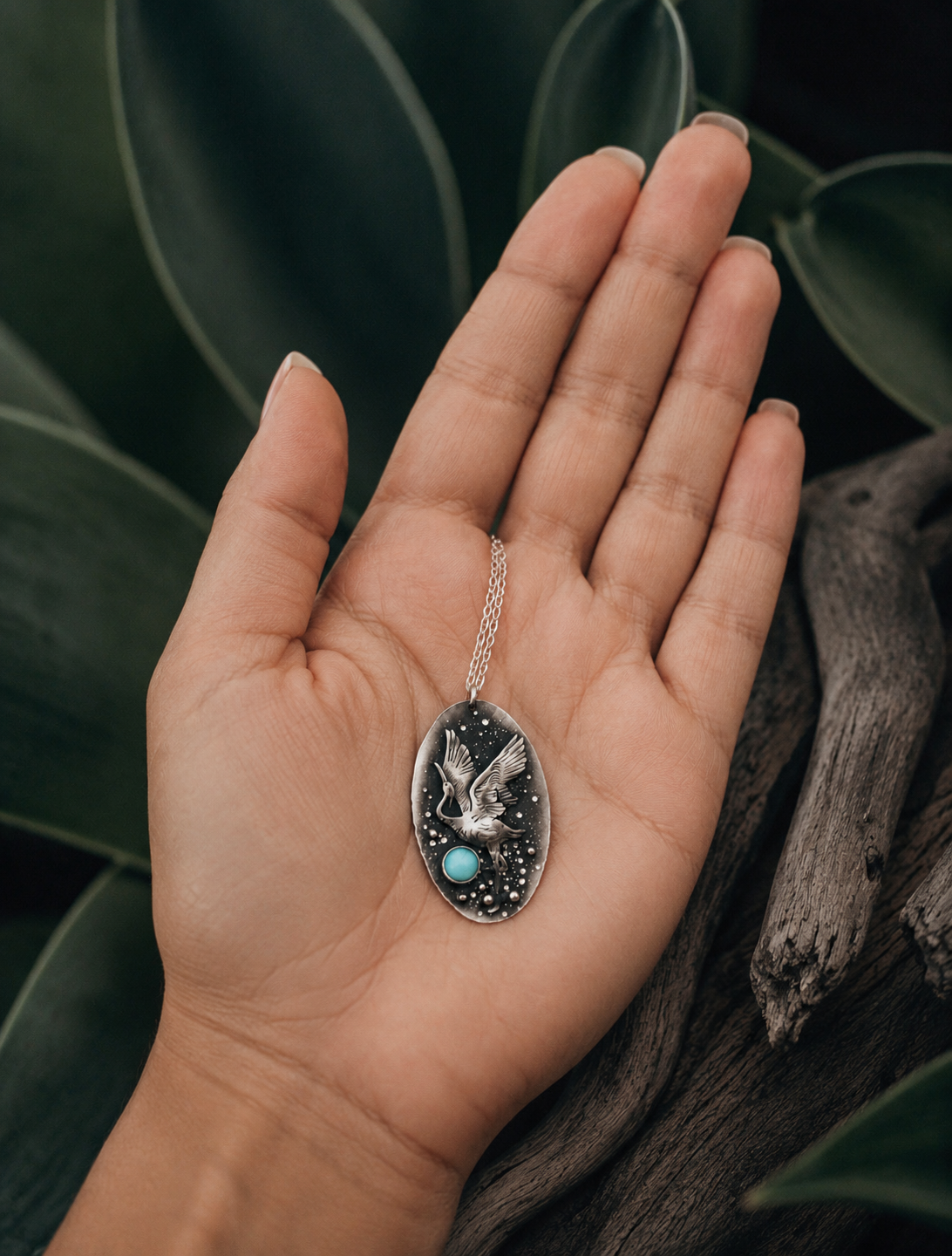 Heron Necklace with Aqua Blue Agate | Handmade Sterling Silver Bird Pendant