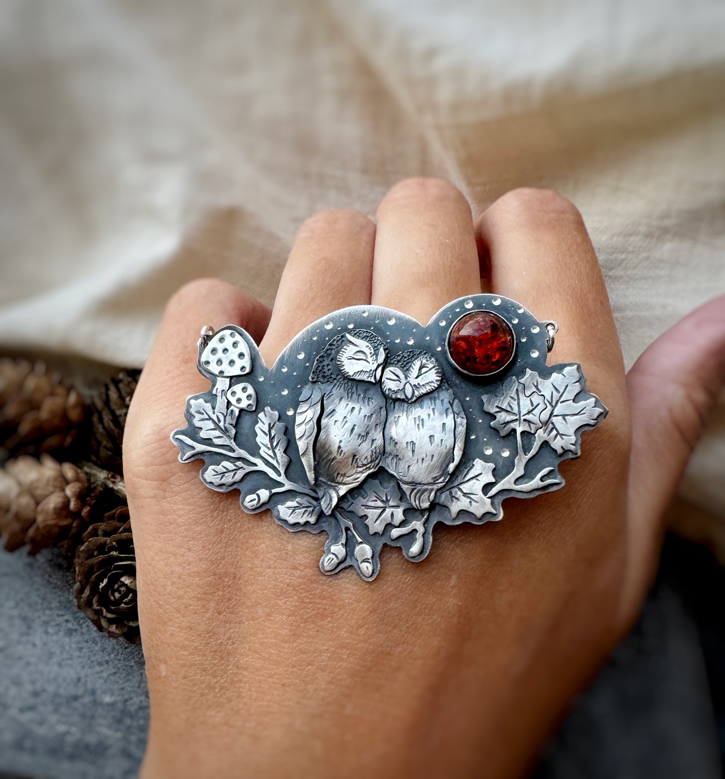 The Autumn Cuddling Owls Necklace - Amber Moon
