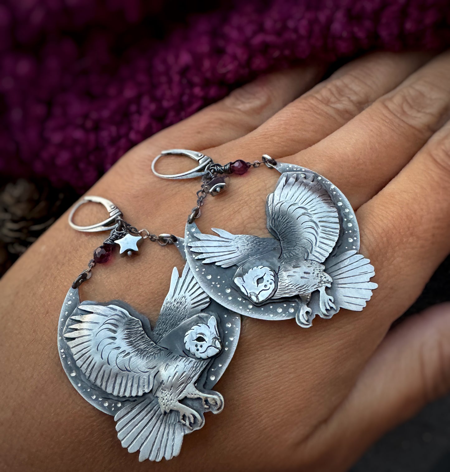 The Dancing Owls Swing Earrings - Rhodolite Garnet