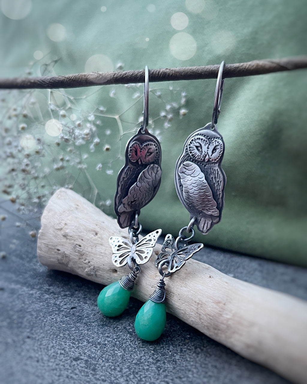 The Spring Owls Earrings - Chrysoprase