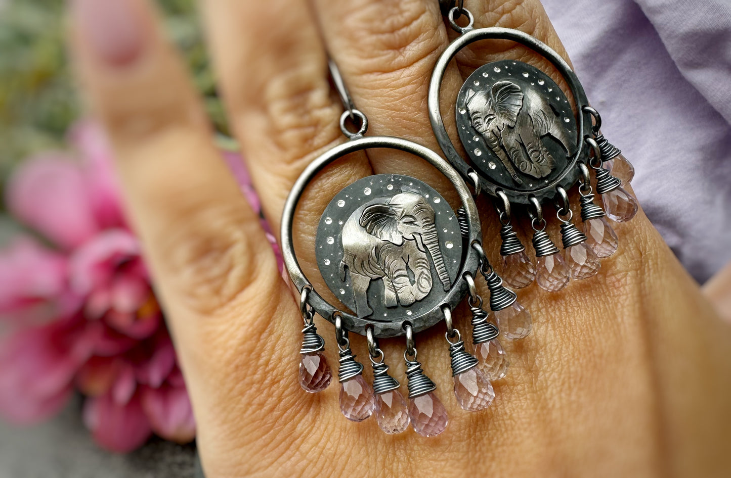 The Elephant Chandelier Earrings - Pink Amethyst