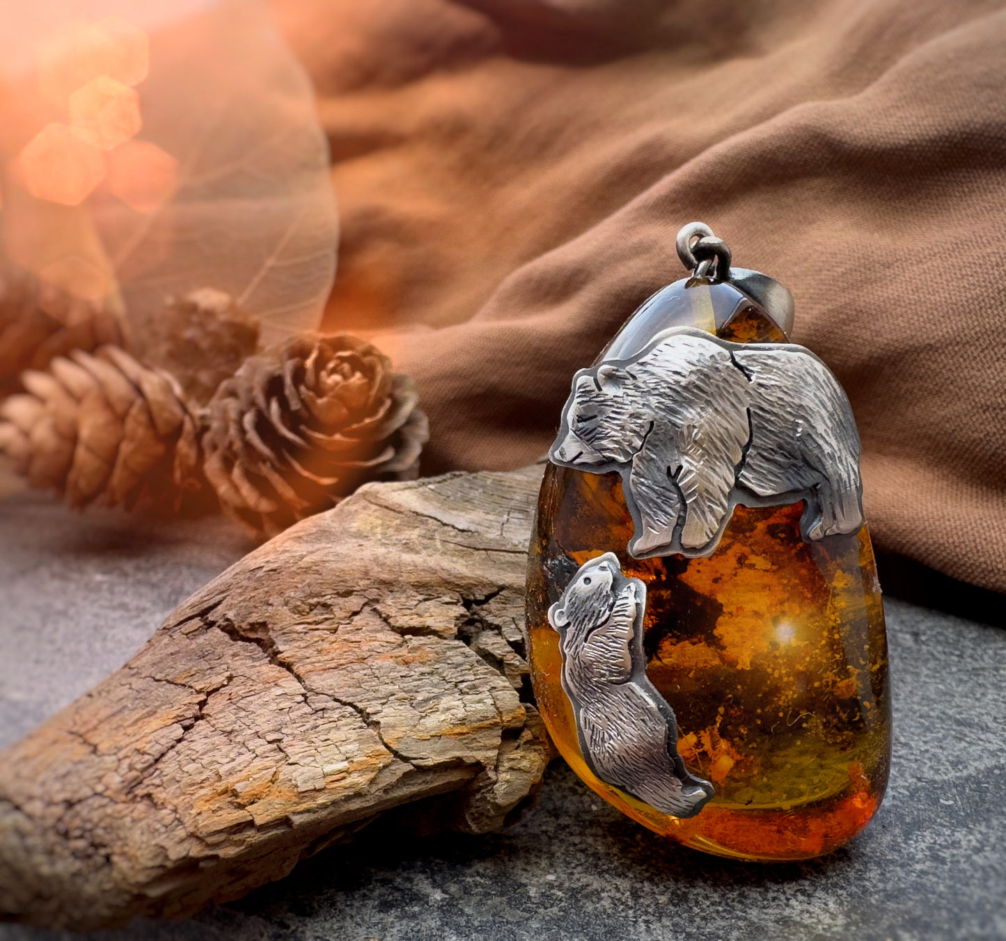 The Mama & Climbing Baby Bear Necklace- Baltic Amber