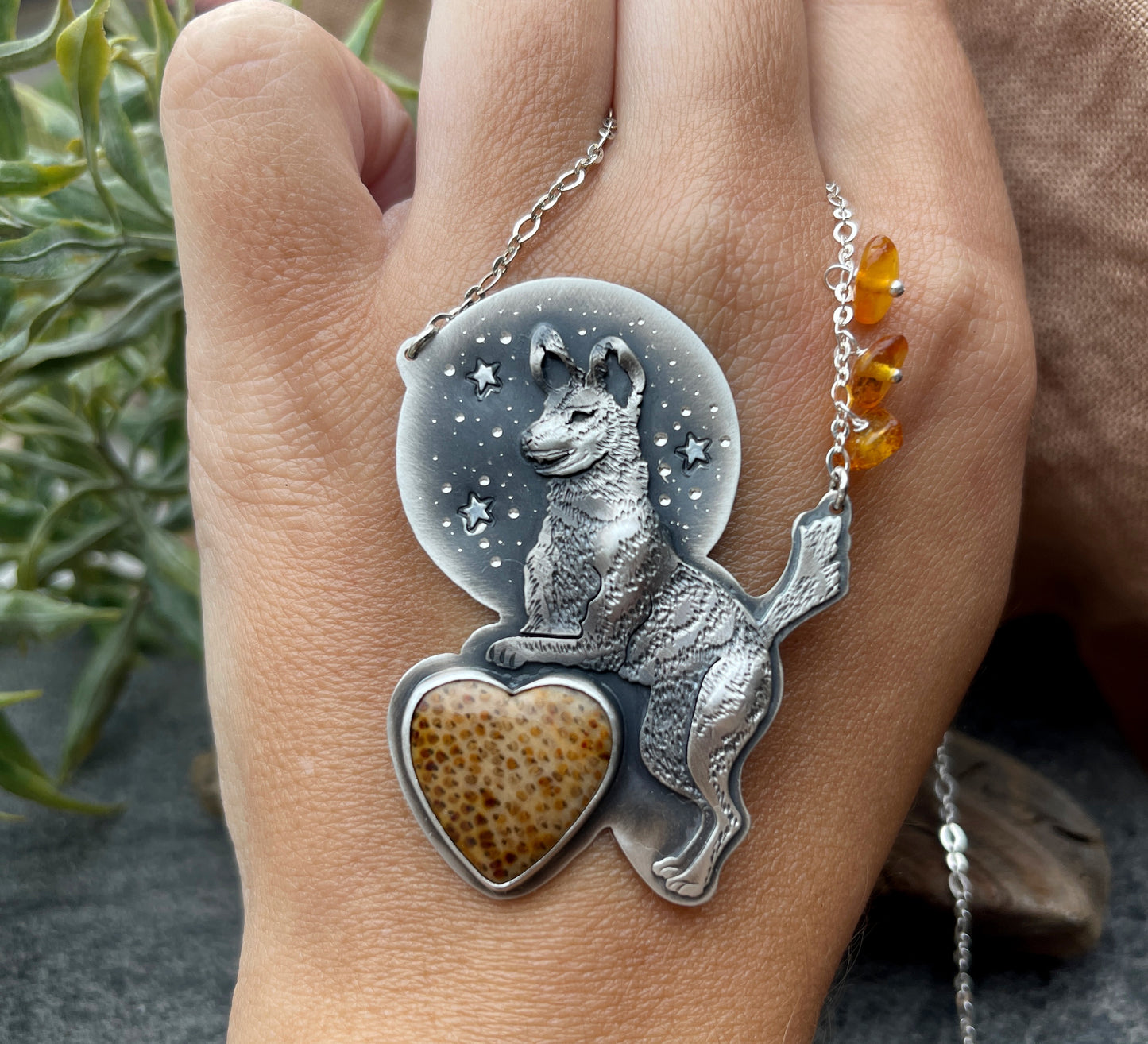 The African Wild Dog Necklace- Coral Heart & Amber