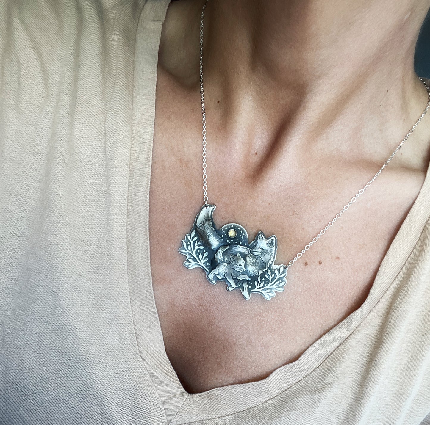 The Mama & Baby Fox Necklace- Citrine
