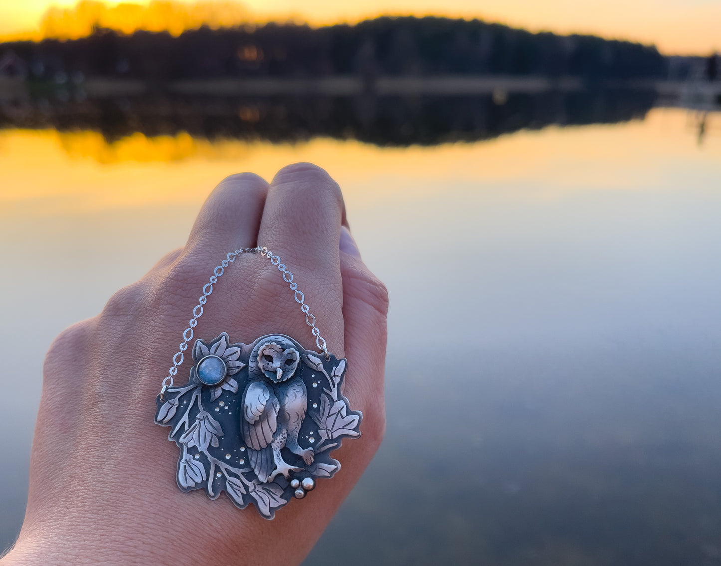 The Little Owl & Magnolia Necklace - Moonstone