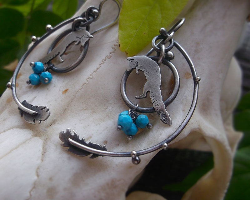 Wild October Earrings - Silversmithed Fox Feather and Turquoise Earrings