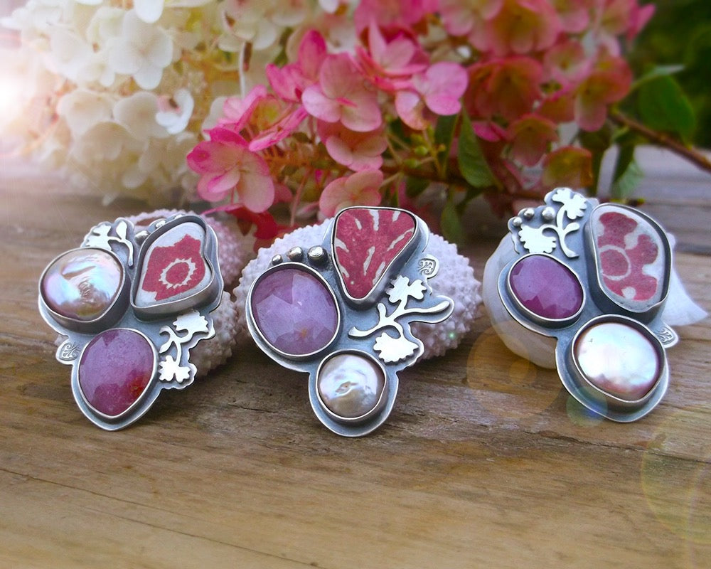 Summer Memories Ring No.1 - Sapphire, Scottish Pottery and Opalescent Pearl