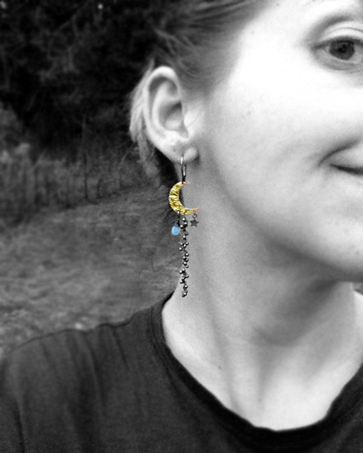 Winter Moon Earrings- Mixed Metal with Opal