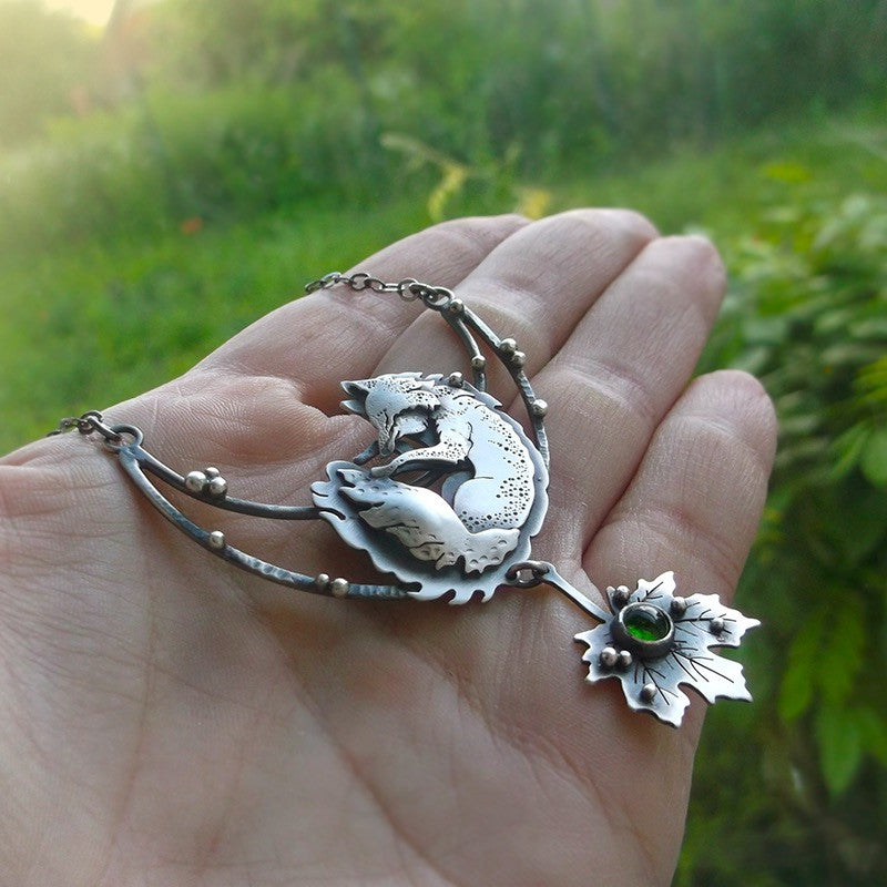 The Sleepig Fox Necklace - Leaf, Green Tourmaline Arc Necklace