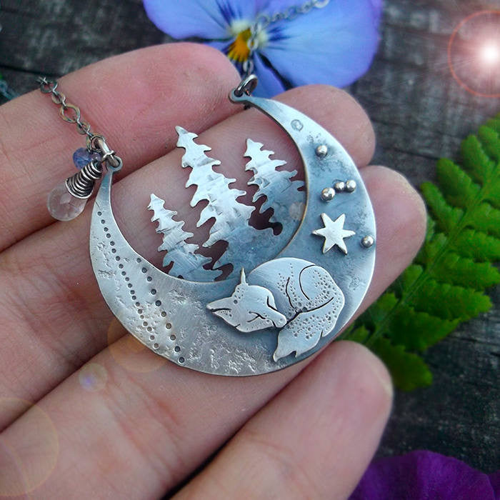 The Sleepig Fox Necklace - Silversmithed Bib Necklace with Moonstone and Tanzanite