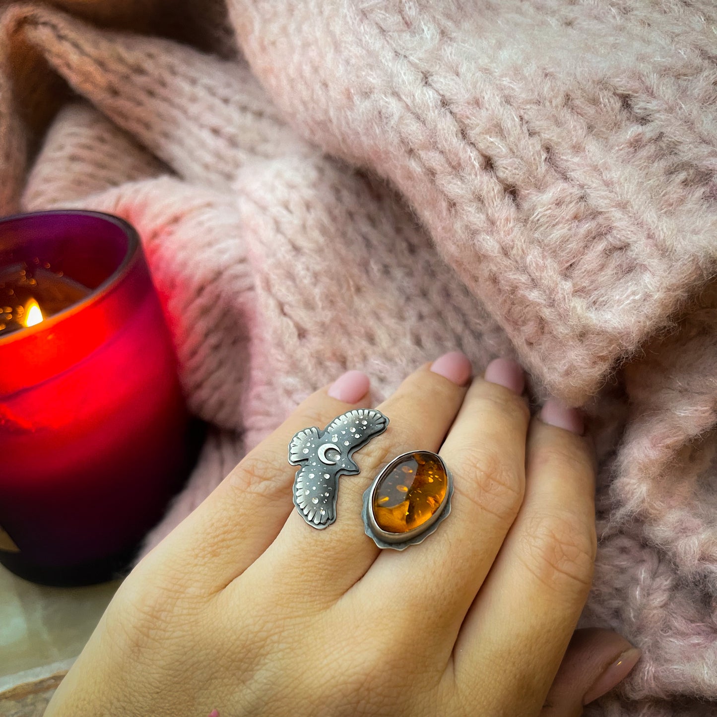 Amber Hawk Medicine Ring 7.5 US
