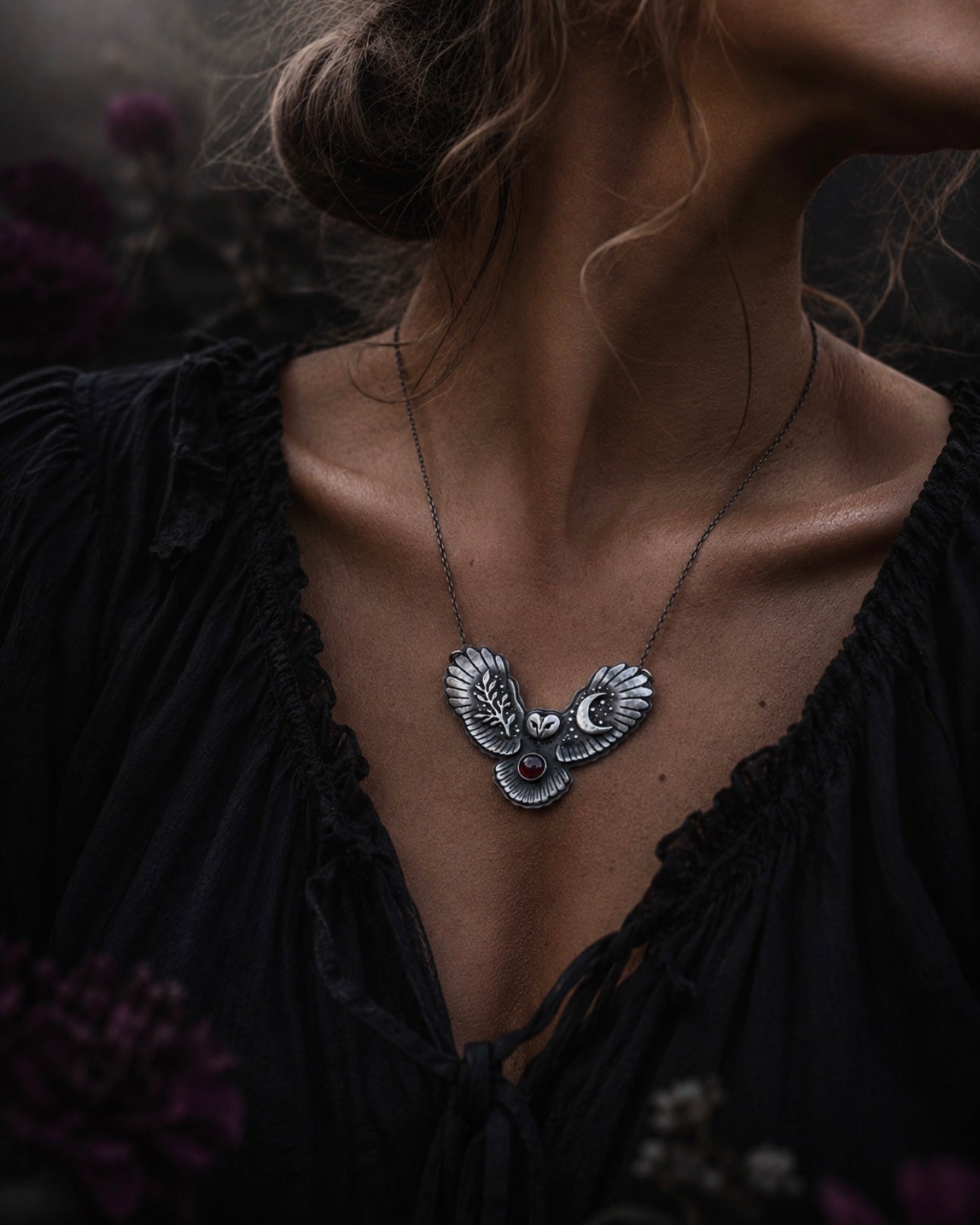 The Owlkeeper Necklace – Sterling Silver Barn Owl Pendant with Rhodolite Garnet