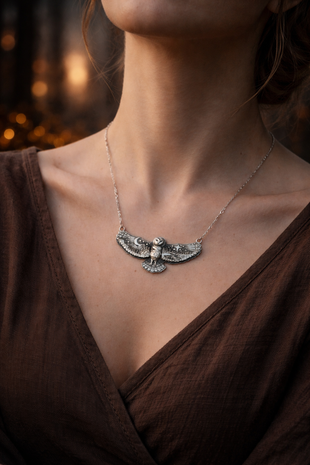 Moonlit Owl Landscape Necklace – Layered Sterling Silver Forest Pendant