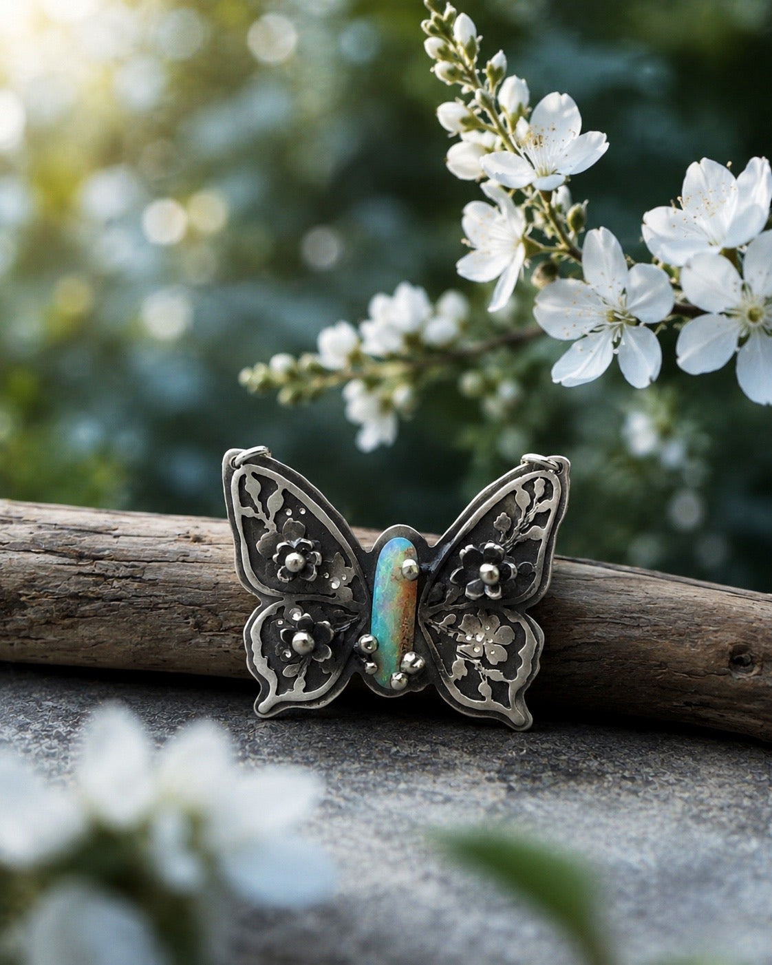 Butterfly Opal Necklace | Handcrafted Sterling Silver Butterfly Pendant | Australian Opal Jewelry | Romantic Nature Inspired Gift
