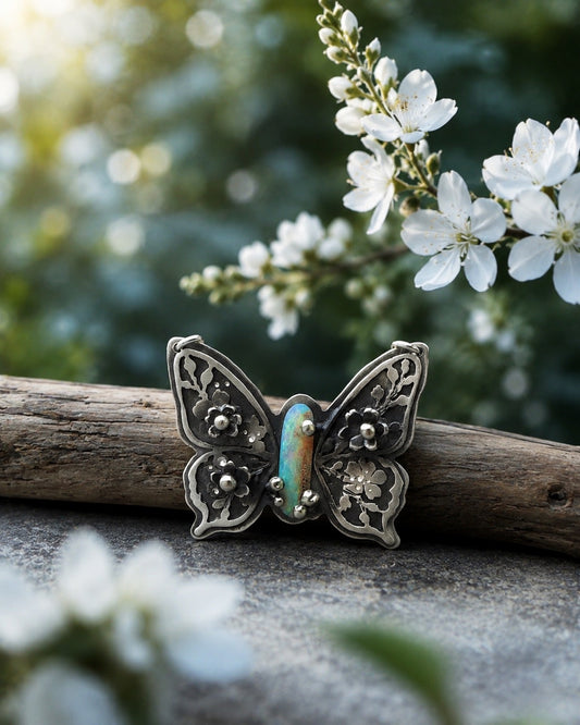 Butterfly Opal Necklace | Handcrafted Sterling Silver Butterfly Pendant | Australian Opal Jewelry | Romantic Nature Inspired Gift
