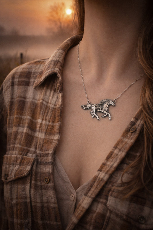 Wild Mustang in the Moonlit Landscape Necklace | Sterling Silver & Golden Brass