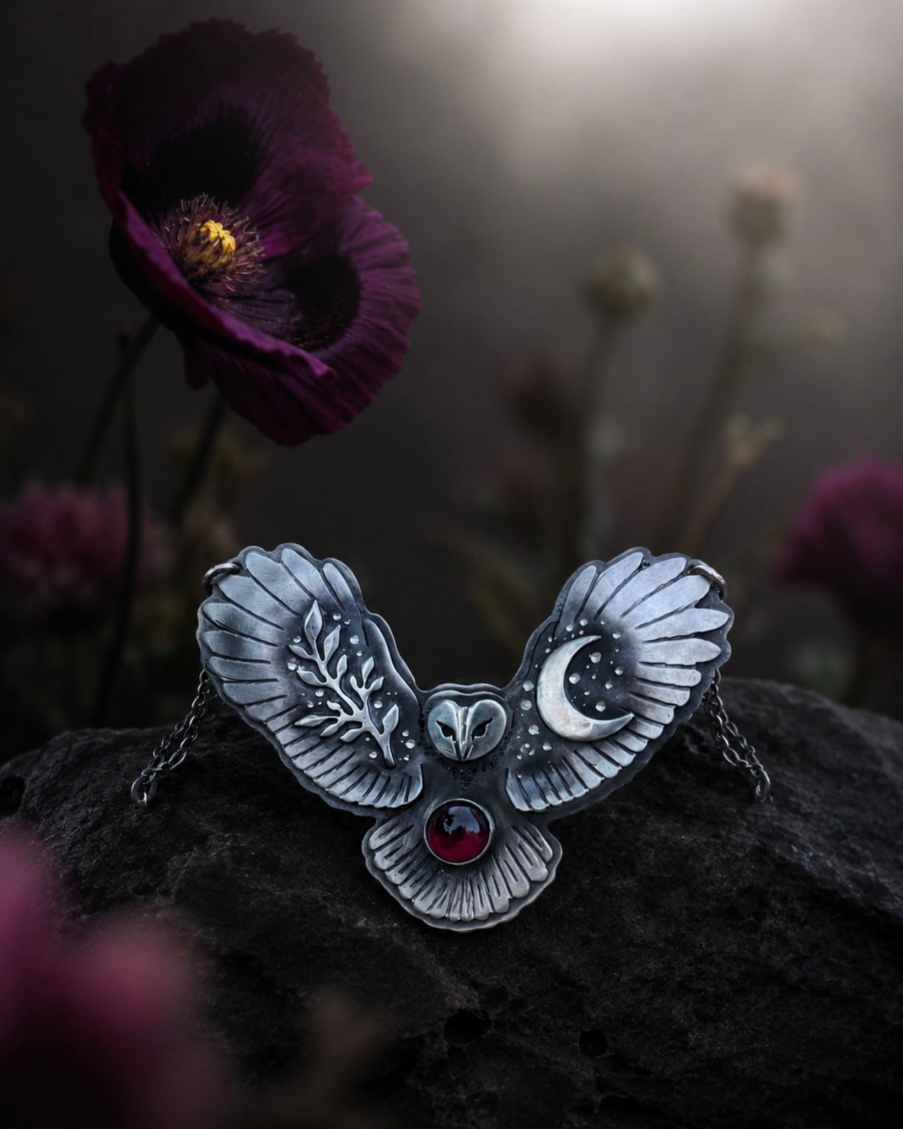 The Owlkeeper Necklace – Sterling Silver Barn Owl Pendant with Rhodolite Garnet