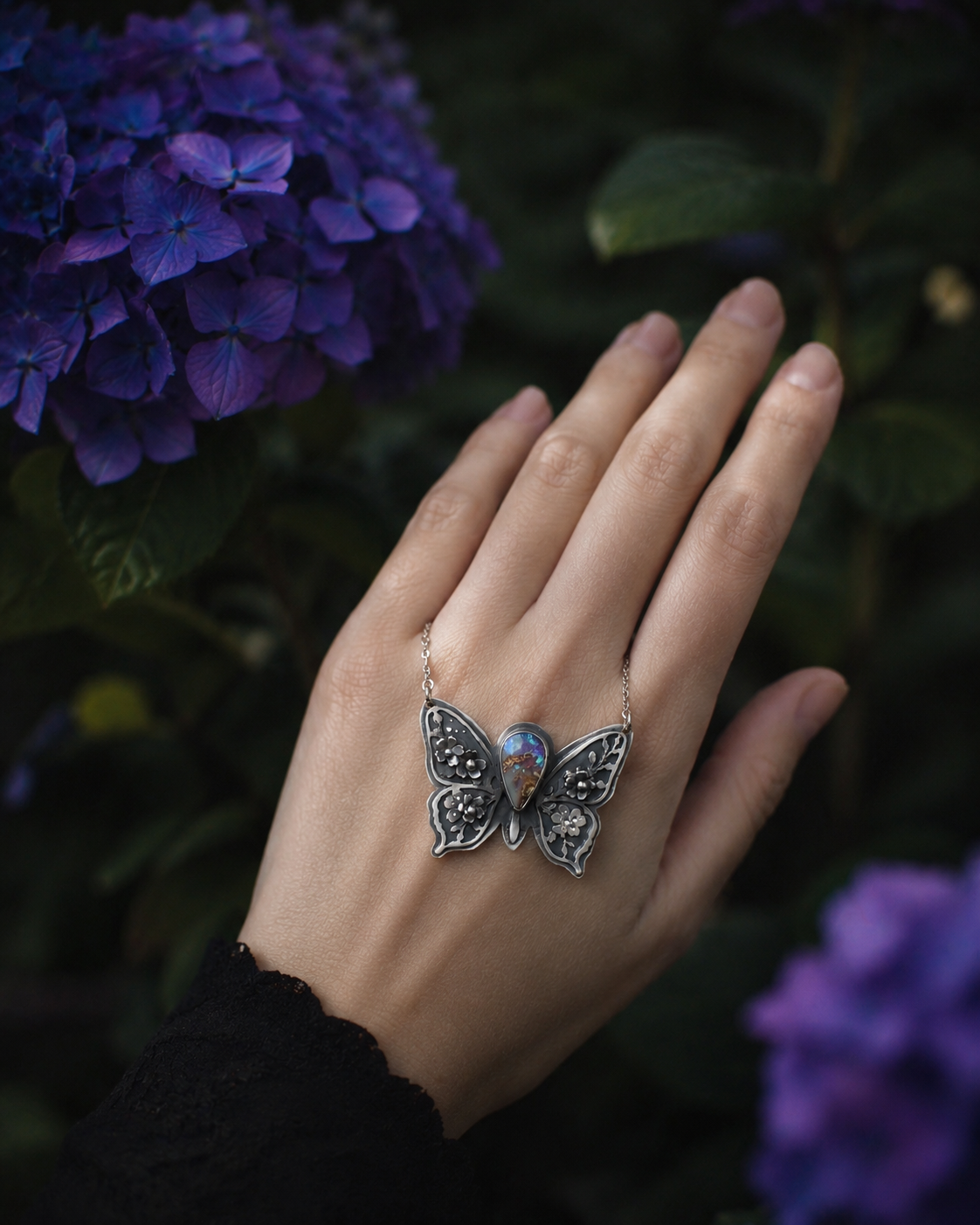 Butterfly Opal Necklace | Handcrafted Sterling Silver Butterfly Pendant | Australian Opal Jewelry | Romantic Nature Inspired Gift