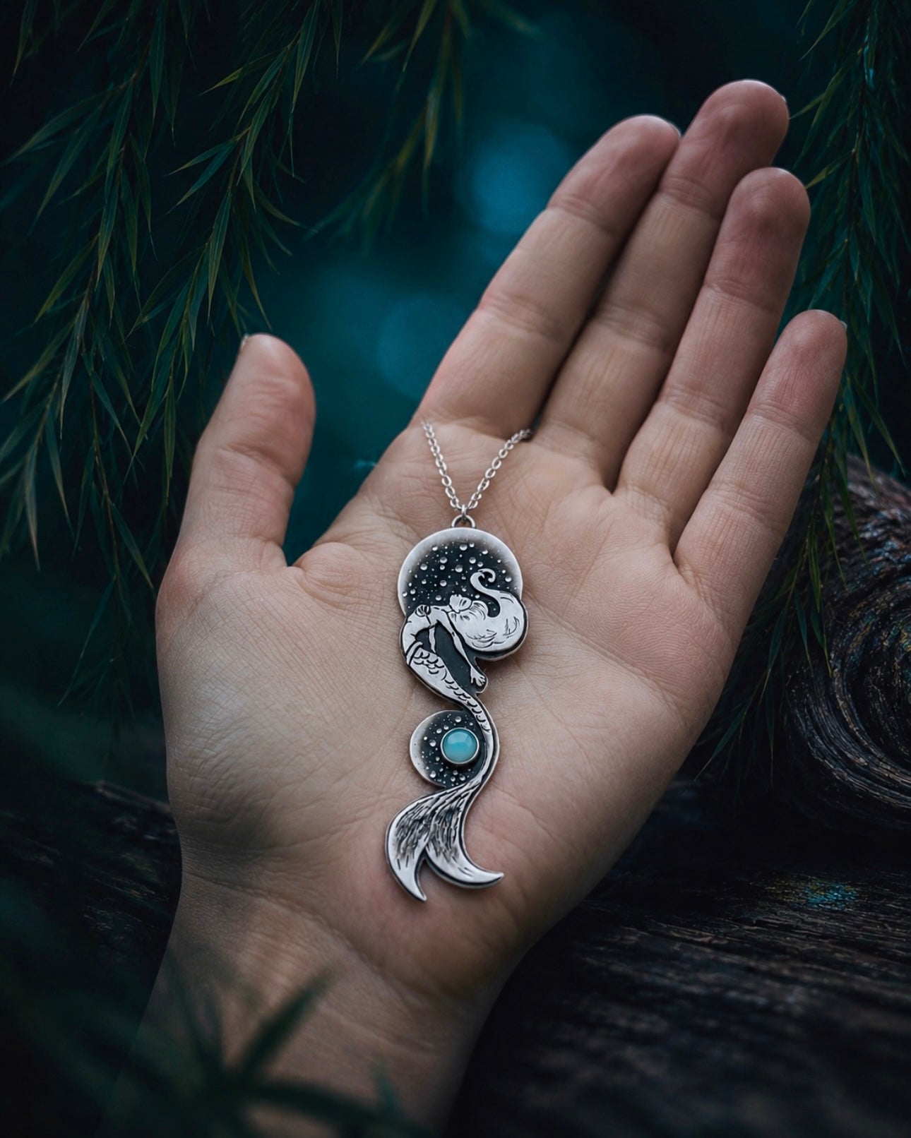 Moonlit Mermaid Necklace – Handcrafted Sterling Silver Mermaid with Blue Agate
