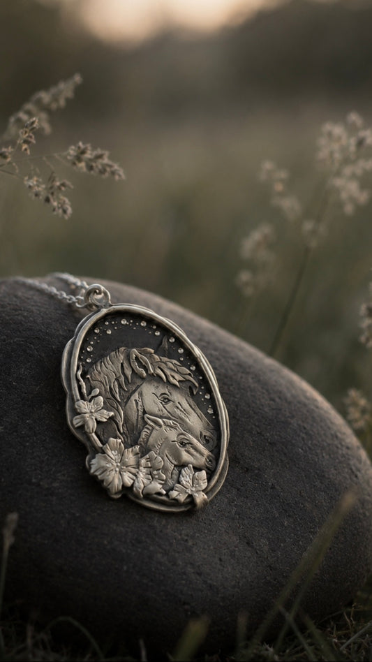 Mare and Foal Necklace, Horse Mother Pendant, Sterling Silver Horse Jewelry, Horse Lover Gift, Handmade Equestrian Necklace, One of a Kind
