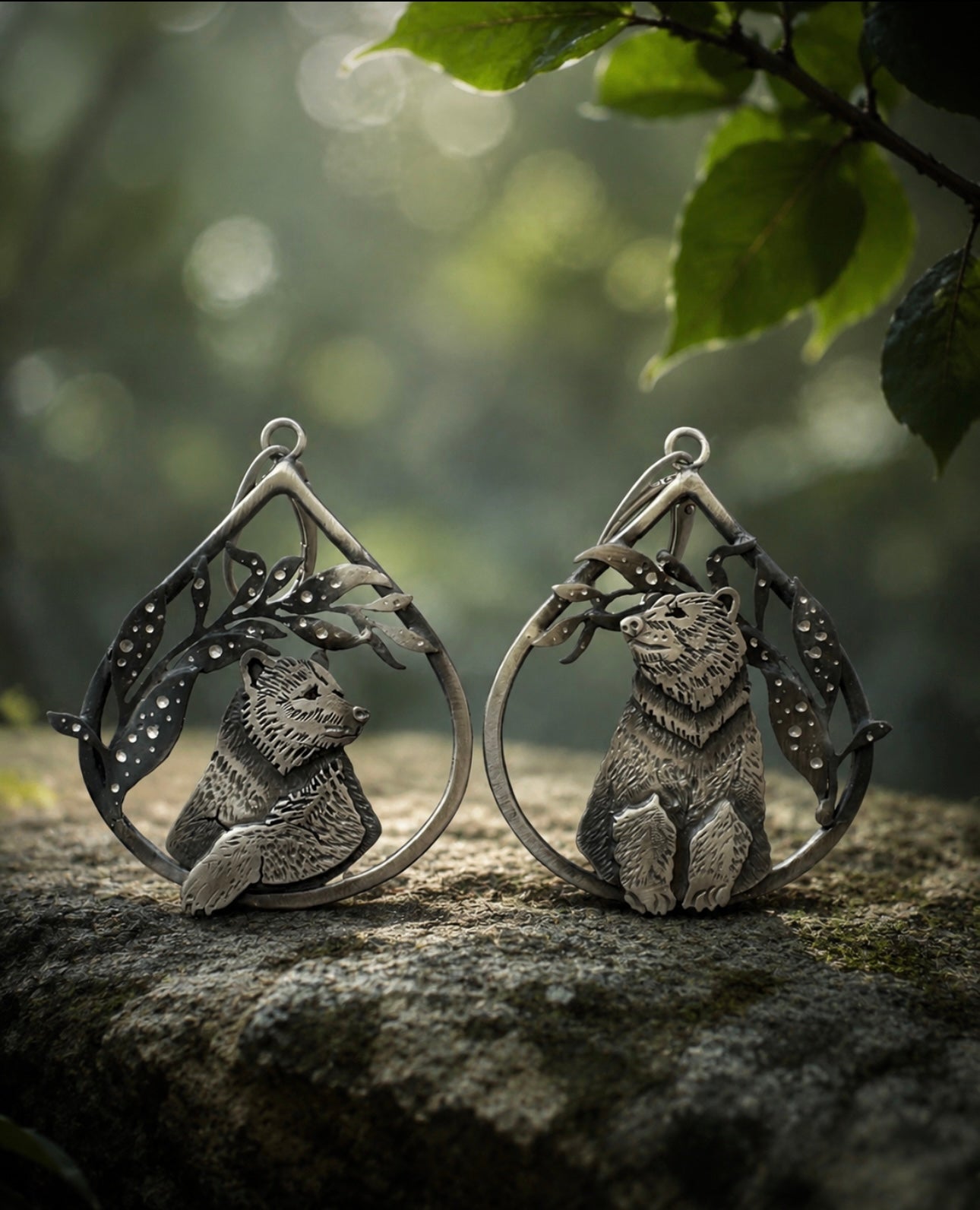 One of a Kind Bear Earrings, Asymmetrical Sterling Silver Earrings, Handmade Woodland Statement Jewelry