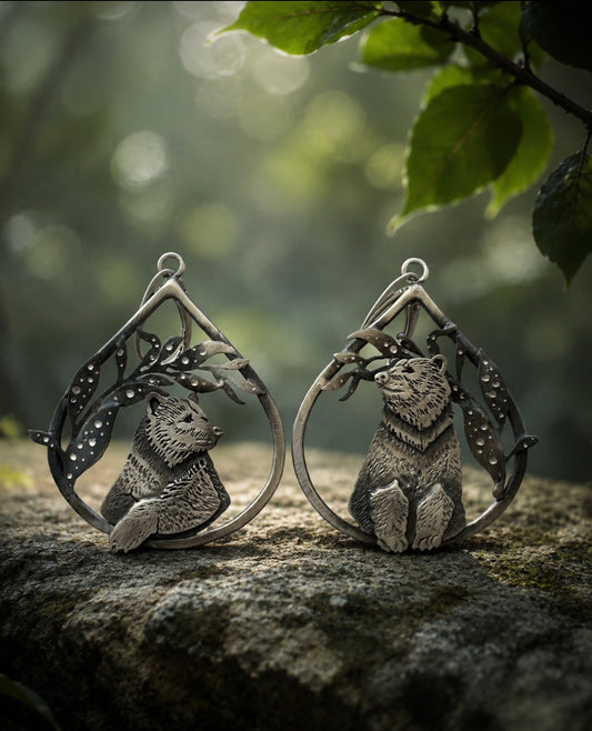 One of a Kind Bear Earrings, Asymmetrical Sterling Silver Earrings, Handmade Woodland Statement Jewelry