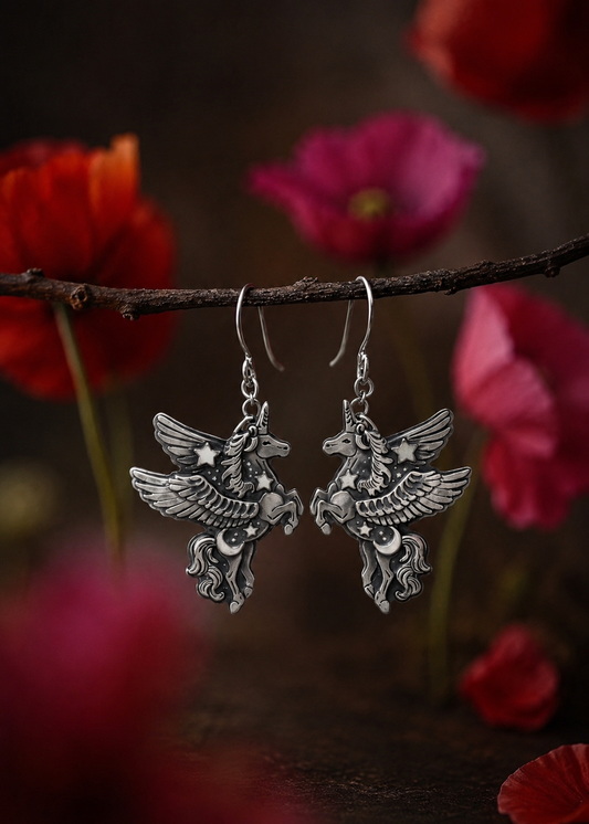 Winged Unicorn Earrings Sterling Silver, Handmade Fantasy Jewelry, Mythical Creature Earrings, Gift for Fantasy Lover