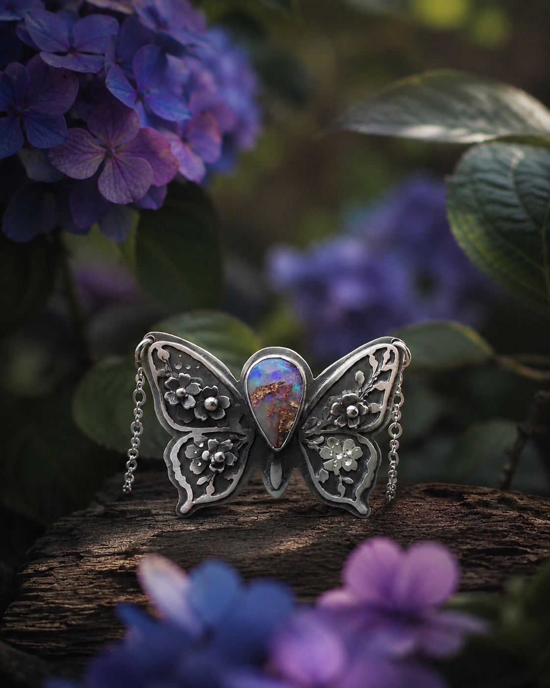 Butterfly Opal Necklace | Handcrafted Sterling Silver Butterfly Pendant | Australian Opal Jewelry | Romantic Nature Inspired Gift