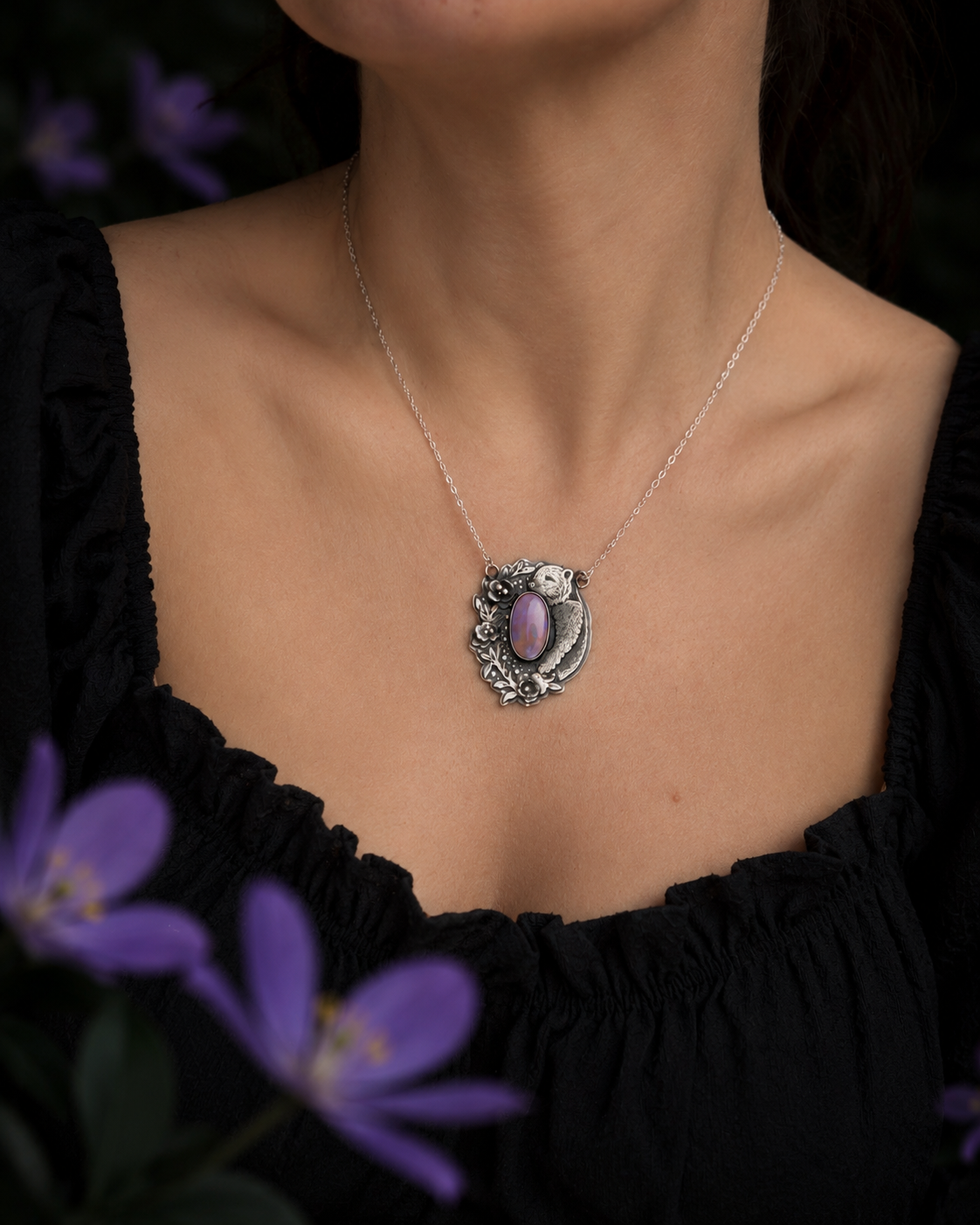 Australian Opal Bear Necklace, Handmade Sterling Silver Pendant, Woodland Animal Jewelry