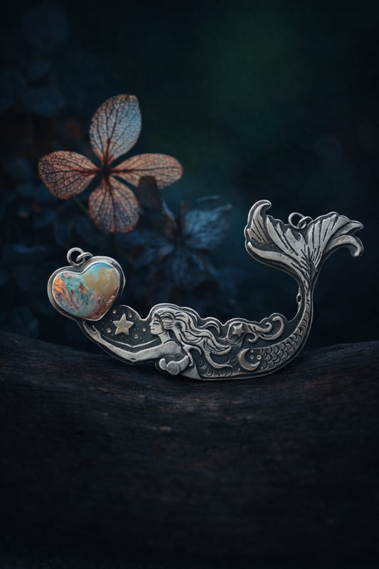 Mermaid Holding the Heart Necklace – Australian Pipe Opal in Sterling Silver