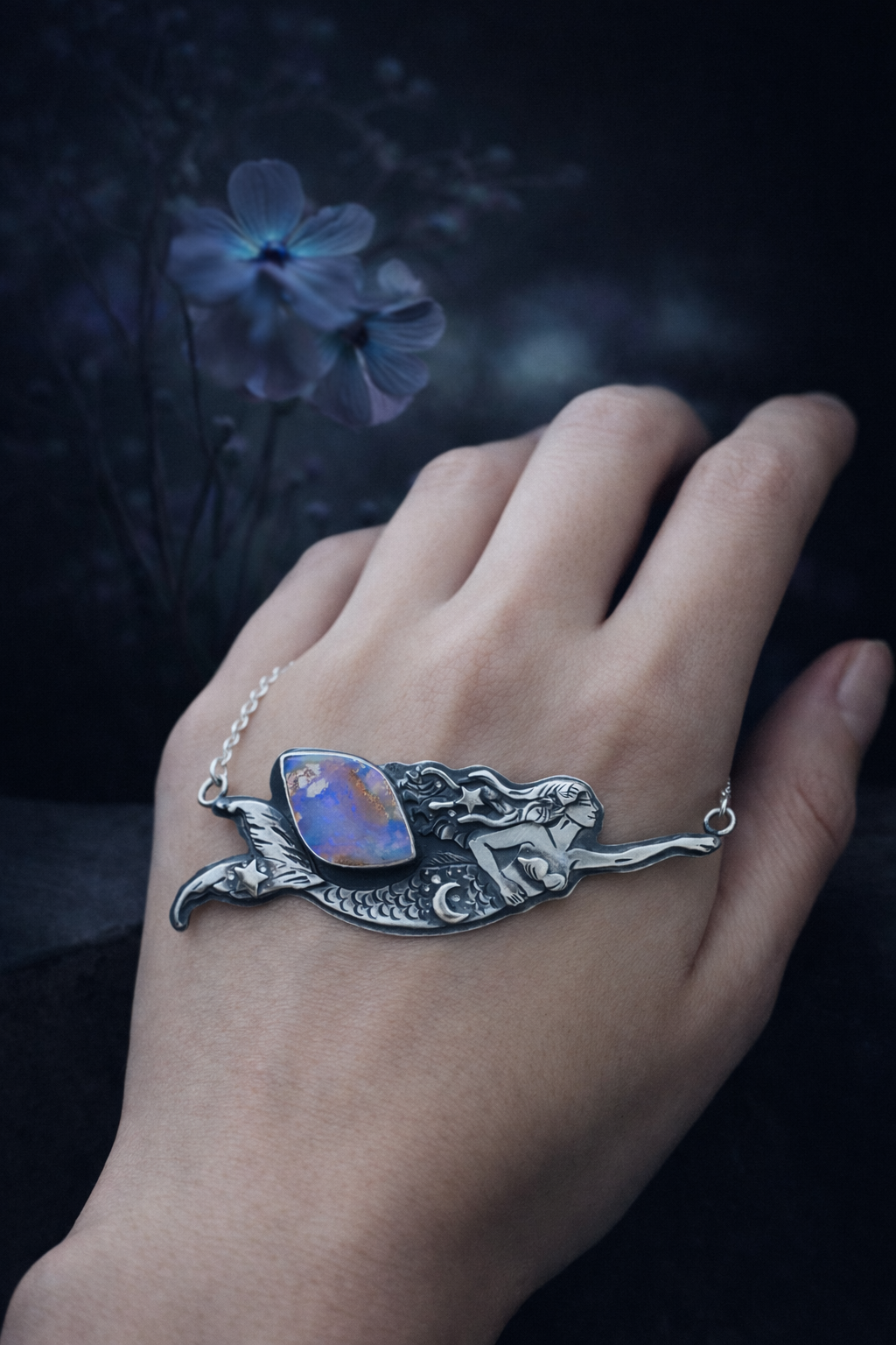Mermaid & Australian Boulder Opal Necklace – Handcrafted Sterling Silver