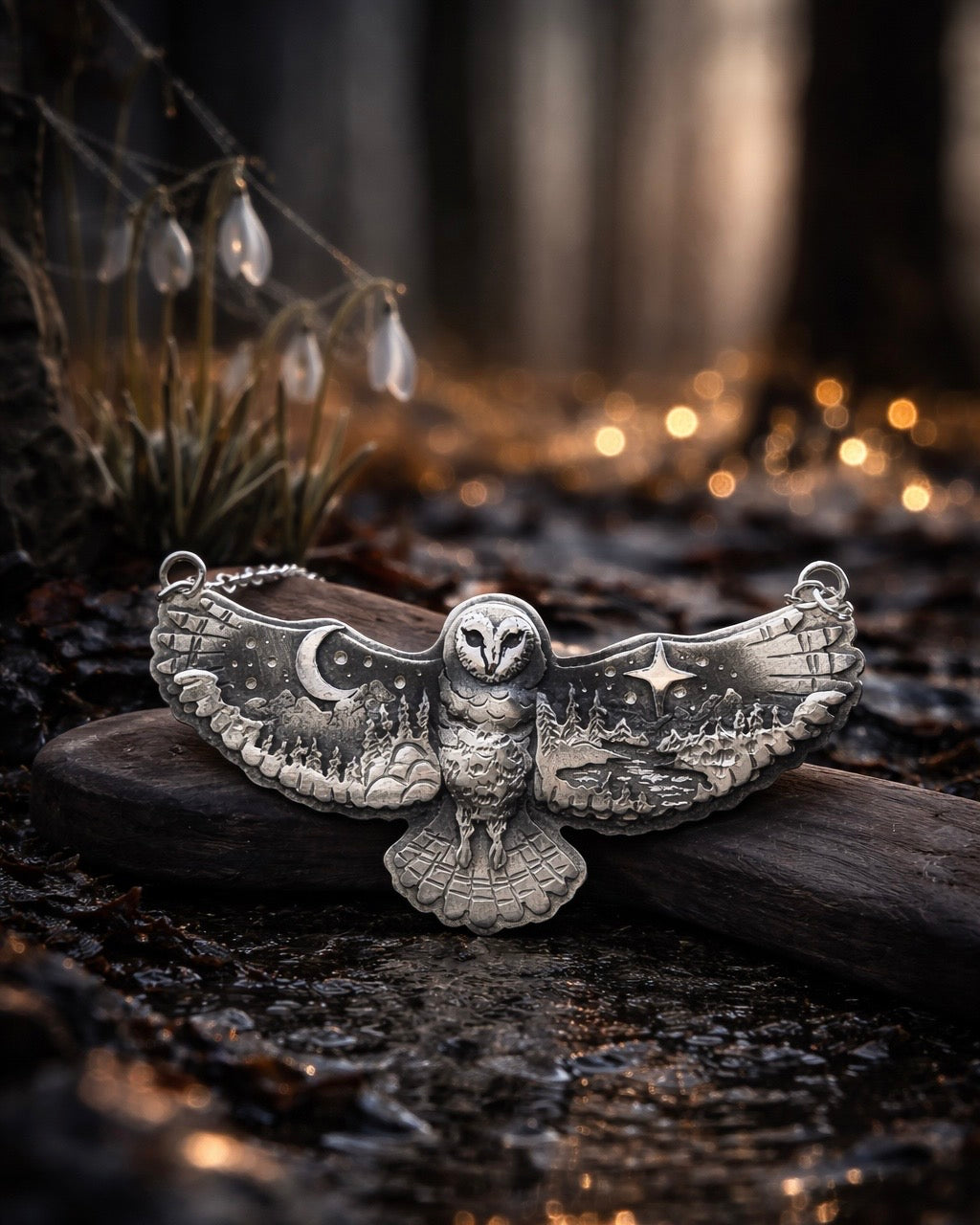 Moonlit Owl Landscape Necklace – Layered Sterling Silver Forest Pendant