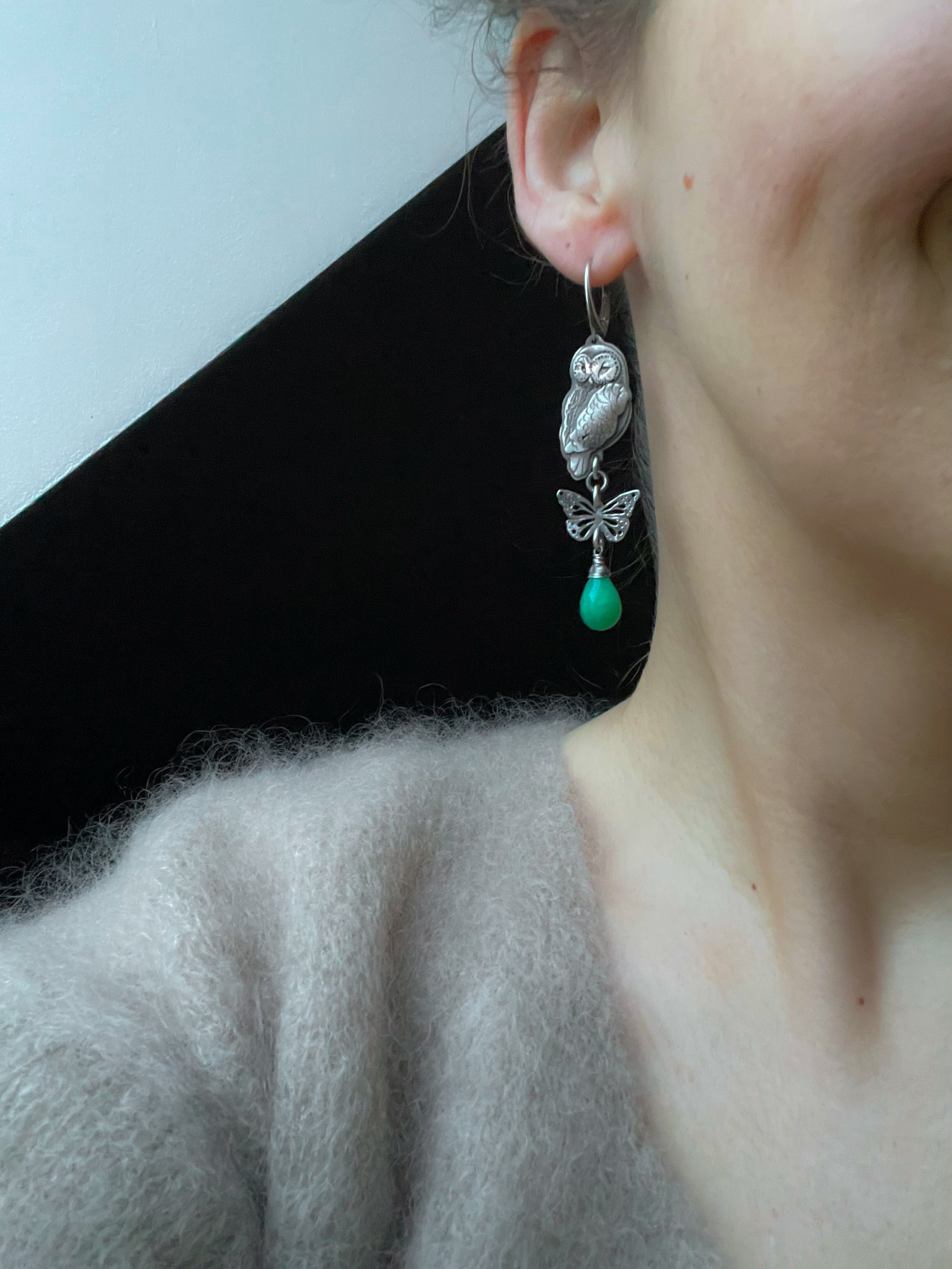 The Spring Owls Earrings - Chrysoprase