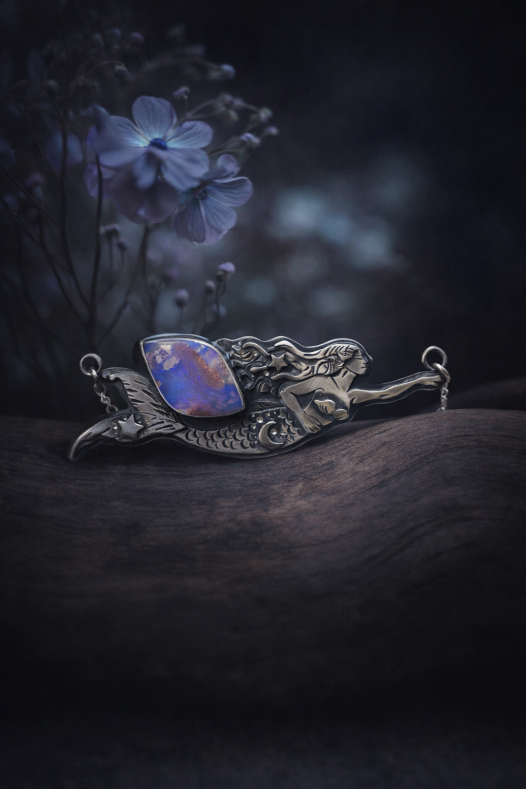 Mermaid & Australian Boulder Opal Necklace – Handcrafted Sterling Silver