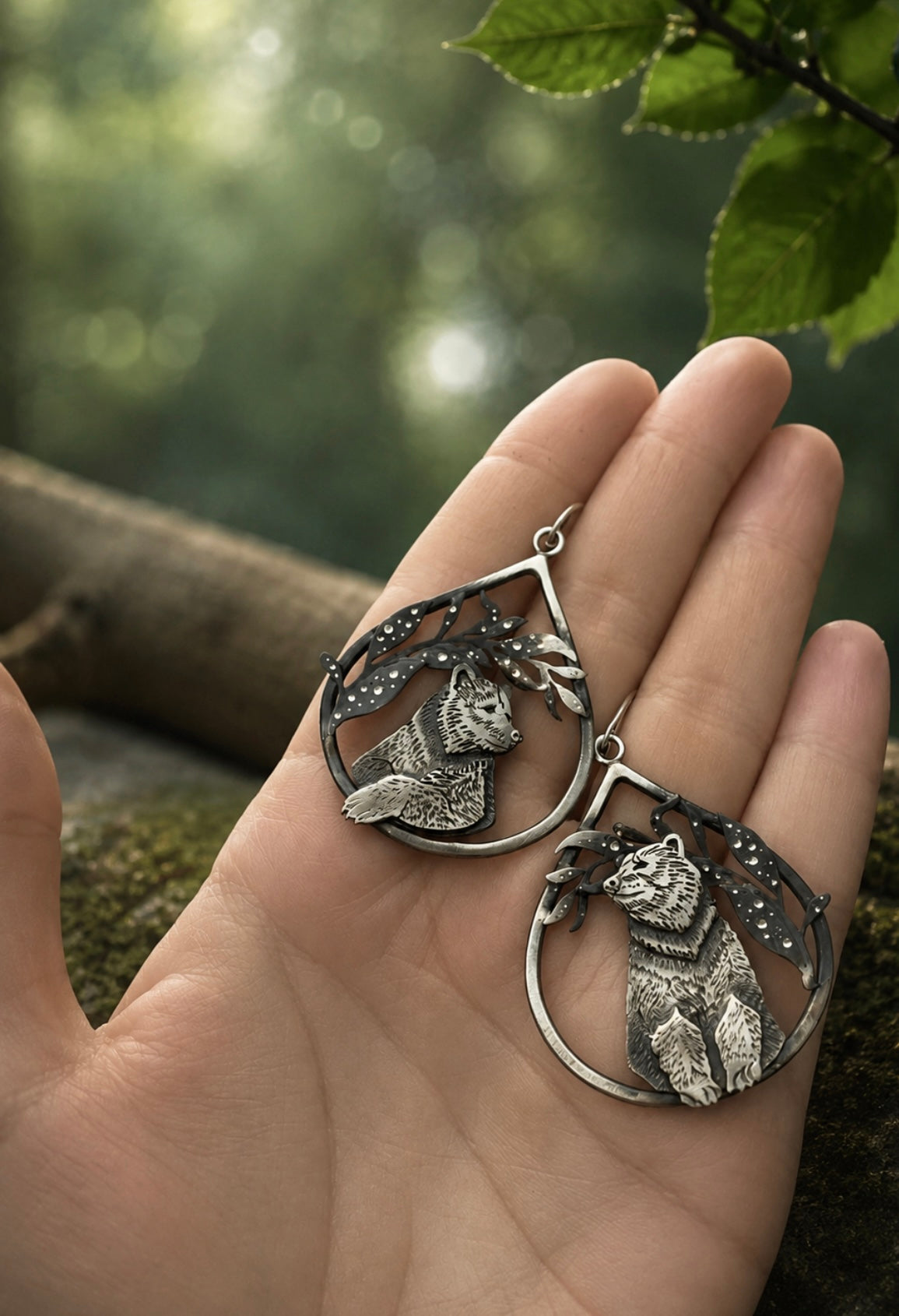 One of a Kind Bear Earrings, Asymmetrical Sterling Silver Earrings, Handmade Woodland Statement Jewelry