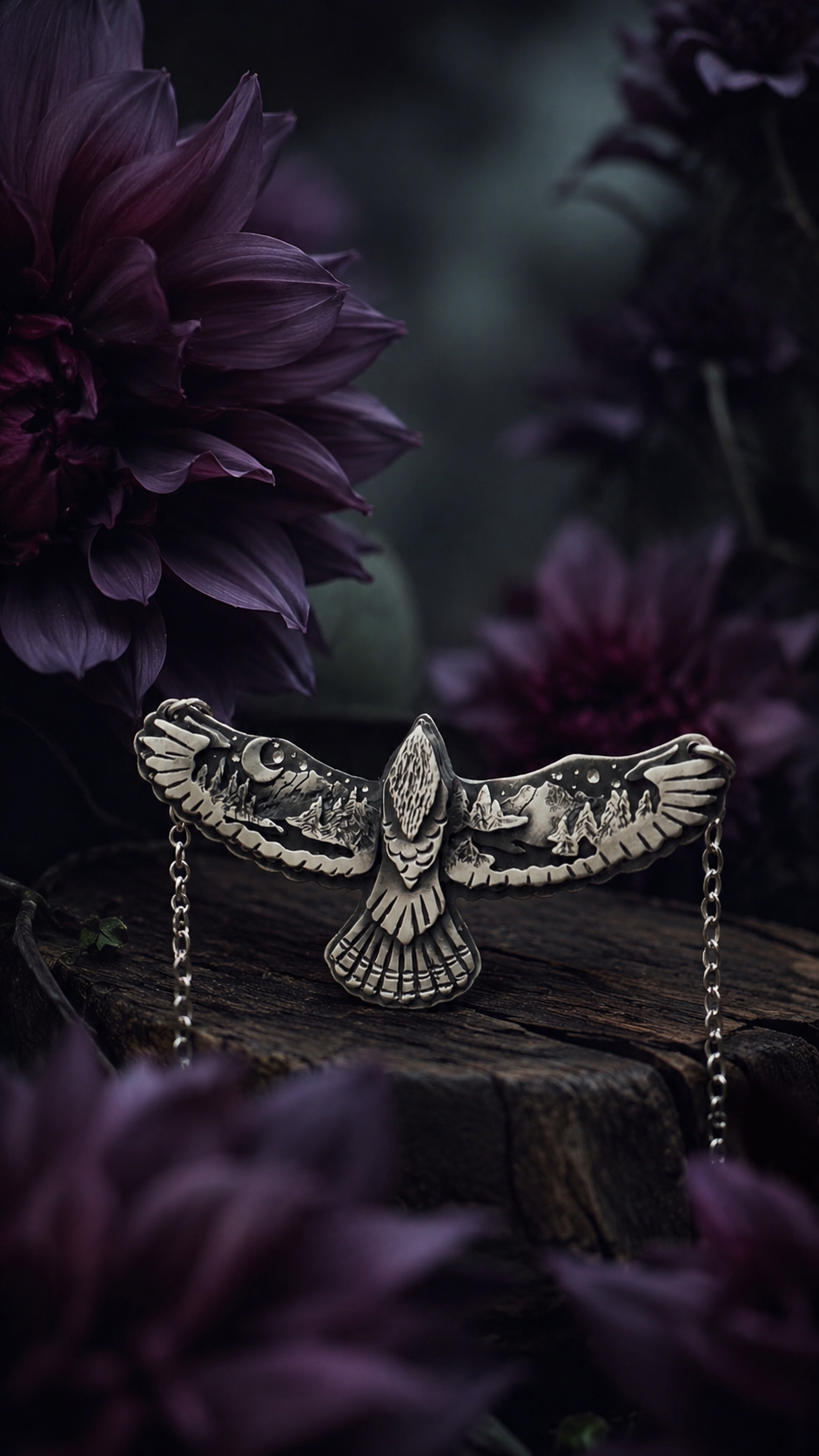 Hawk Landscape Necklace – Sterling Silver Hawk Talisman, Mountain & Moon Necklace
