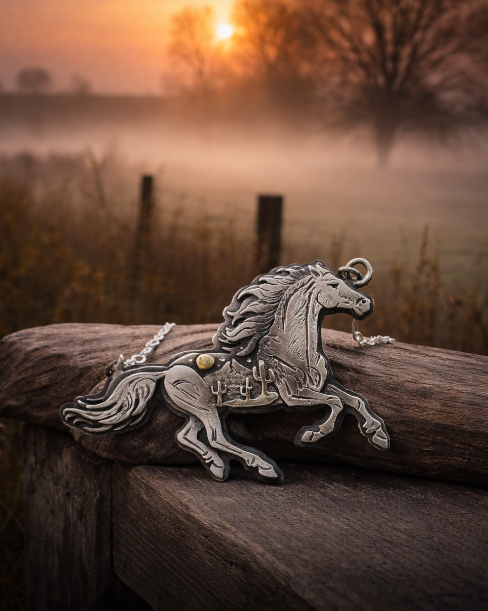 Wild Mustang in the Moonlit Landscape Necklace | Sterling Silver & Golden Brass