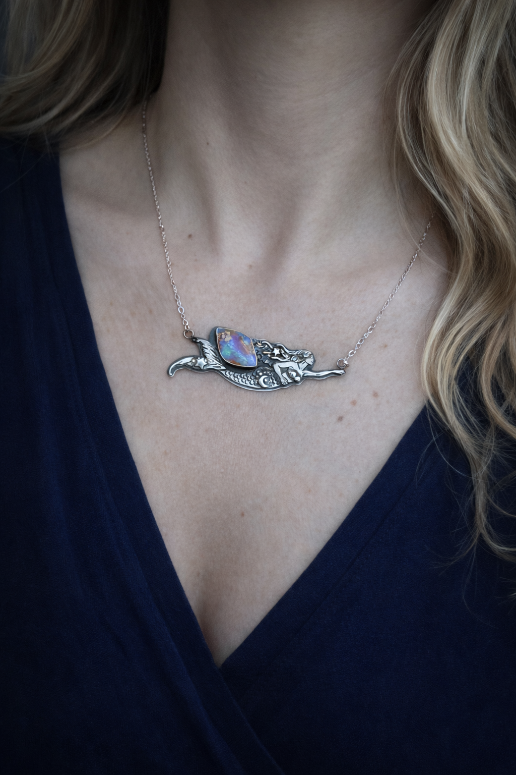Mermaid & Australian Boulder Opal Necklace – Handcrafted Sterling Silver